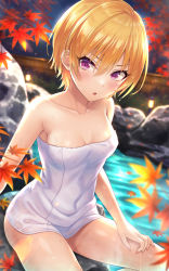 Rule 34 | 1girl, autumn leaves, bare arms, bare shoulders, blonde hair, blurry, blurry background, blush, breasts, collarbone, commentary request, covered navel, depth of field, feet out of frame, fence, hair between eyes, highres, idolmaster, idolmaster shiny colors, leaf, looking at viewer, maple leaf, naked towel, night, onsen, outdoors, parted lips, purple eyes, revision, saijo juri, short hair, small breasts, solo, towel, urabi (tomatohouse), water