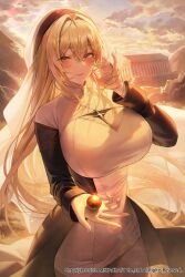 Rule 34 | 1girl, absurdres, ball, blonde hair, breasts, cleavage, closed mouth, cross, day, dress, hairband, hand in own hair, highres, jewelry, large breasts, long hair, long sleeves, meoyo, necklace, nun, original, outdoors, smile, solo, standing, yellow eyes