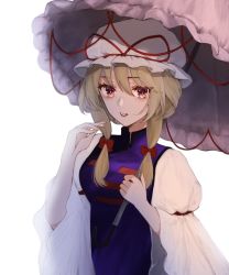 Rule 34 | 1girl, blonde hair, bloom, blouse, bow, breasts, bright pupils, hair between eyes, hair bow, hand up, hat, hat ribbon, highres, holding, holding umbrella, juliet sleeves, long hair, long sleeves, looking at viewer, low twintails, medium breasts, mob cap, parasol, parted lips, puffy sleeves, red bow, red eyes, red ribbon, ribbon, shirt, simple background, sleeves past elbows, solo, tabard, touhou, twintails, umbrella, umeko 81, upper body, white background, white hat, white shirt, wide sleeves, yakumo yukari