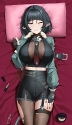 1girl absurdres animal_ears black_hair black_thighhighs blush breasts dakimakura_(medium) green_eyes highres jane_doe_(zenless_zone_zero) keine09 large_breasts lying mouse_ears mouse_girl on_back one_eye_closed smile thighhighs variant_set zenless_zone_zero