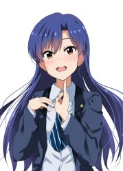 Rule 34 | 1girl, :d, blue hair, blue necktie, blush, brown eyes, dars (recolors), dress shirt, floating hair, grey jacket, grey shirt, hair between eyes, idolmaster, idolmaster (classic), jacket, kisaragi chihaya, long hair, looking at viewer, necktie, open clothes, open jacket, open mouth, shirt, simple background, smile, solo, striped necktie, striped neckwear, upper body, very long hair, white background