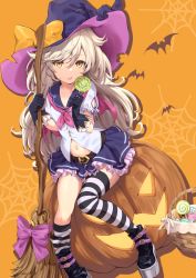 Rule 34 | 1girl, amerika juu pan, belt, black gloves, black hat, black skirt, blonde hair, boots, broom, candy, center opening, food, gloves, halloween, hat, highres, holding, jack-o&#039;-lantern, lollipop, long hair, looking at viewer, miniskirt, navel, neckerchief, original, sailor collar, shirt, short sleeves, sitting, skirt, solo, stomach, striped clothes, striped thighhighs, swirl lollipop, thighhighs, thighs, tongue, tongue out, very long hair, white shirt, witch, witch hat, yellow eyes