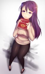 Rule 34 | 1girl, beige sweater, black pants, blush, book, casual, commission, doki doki literature club, from above, full body, hair between eyes, hair ornament, hairclip, highres, holding, holding book, knees together feet apart, long hair, long sleeves, looking at viewer, pants, purple eyes, purple hair, ribbed sweater, sitting, solo, sweater, thigh gap, tsukimaru, yuri (doki doki literature club)