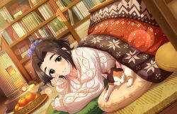 Rule 34 | 1girl, argyle, argyle clothes, argyle sweater, black hair, blush, breasts, cleavage, collarbone, dutch angle, ebihara naho, food, forehead, fruit, hair ornament, hair scrunchie, hand on own cheek, hand on own face, head rest, heater, idolmaster, idolmaster cinderella girls, idolmaster cinderella girls starlight stage, indoors, kotatsu, large breasts, lens flare, looking at viewer, lying, mandarin orange, official art, on stomach, parted bangs, ponytail, scrunchie, smile, solo, sweater, tabby cat, table, tatami, under kotatsu, under table, white sweater