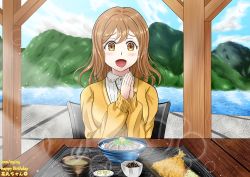 Rule 34 | 1girl, absurdres, artist name, artist request, blue sky, blush, breasts, brown eyes, brown hair, brown sweater, chair, cloud, day, dress, female focus, food, frilled dress, frills, hair between eyes, highres, kunikida hanamaru, light brown hair, long hair, looking at viewer, love live!, love live! sunshine!!, matching hair/eyes, mountain, ocean, on chair, outdoors, own hands together, parted lips, reachka, sitting, sky, smile, solo, sweater, table, upper body, yellow eyes