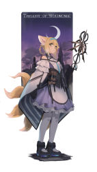 Rule 34 | 1girl, animal ears, arknights, black footwear, black gloves, blonde hair, boots, braid, braided hair rings, breasts, building, cloak, commentary, crescent moon, dress, english text, eyelashes, fox ears, fox tail, frills, full body, gloves, green eyes, hair rings, hairband, highres, holding, holding staff, infection monitor (arknights), looking at viewer, marble (marblesized), moon, multiple tails, night, night sky, pantyhose, parted lips, purple dress, short hair, sky, small breasts, solo, staff, standing, suzuran (arknights), tactical clothes, tail, vest, white cloak, white pantyhose