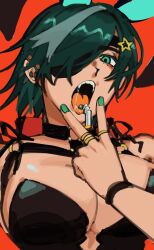 Rule 34 | 1girl, animal ears, bob cut, breasts, chainsaw man, cigarette, eyepatch, green eyes, green hair, hair between eyes, hair ornament, highres, himeno (chainsaw man), holding, holding cigarette, jewelry, large breasts, liowig, open mouth, patch, rabbit, rabbit ears, rabbit girl, ring, short hair, solo, solo focus