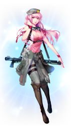 Rule 34 | 1girl, breasts, brown eyes, cleavage, glasses, gun, hand in own hair, hat, highres, large breasts, long hair, looking at viewer, luka (soccer spirits), megurine luka, pink hair, red ribbon, ribbon, rifle, signature, soccer spirits, solo, star (symbol), tooaya, vocaloid, weapon