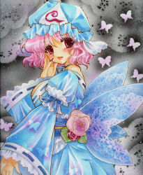 Rule 34 | 1girl, bad id, bad pixiv id, bug, butterfly, female focus, fingernails, flower, grey background, hand on own face, hat, bug, japanese clothes, kimono, lace, leaf, light particles, lips, looking at viewer, marker (medium), millipen (medium), mitsuba (threeleaf), nail polish, obi, open hand, parted lips, pastel (medium), pink eyes, pink hair, red flower, red rose, ribbon, rose, saigyouji yuyuko, sash, short hair, solo, touhou, traditional media, triangular headpiece