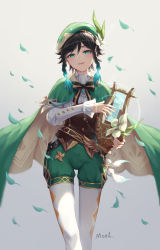 Rule 34 | 1boy, :d, argyle, argyle clothes, argyle legwear, bard, black hair, blue eyes, blue hair, blush, braid, cape, chinese commentary, collared cape, commentary request, cowboy shot, falling leaves, flower, genshin impact, gradient hair, green cape, green hat, green shorts, grey background, hair between eyes, hair ornament, hat, hat flower, highres, holding, holding instrument, instrument, leaf, long sleeves, looking at viewer, lyre, male focus, mool yueguang, multicolored hair, music, open mouth, pantyhose, playing instrument, shirt, shorts, signature, simple background, smile, solo, trap, twin braids, venti (genshin impact), vision (genshin impact), white pantyhose, white shirt