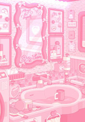 Rule 34 | absurdres, bathroom, bottle, bow, coffee mug, commentary, contact lens case, cup, drawer, electrical outlet, english text, floral print, hair brush, heart, highres, indoors, limited palette, mirror, mug, nekomaru0817, no humans, original, pink bow, pink theme, rainbow, scenery, sink, soap bottle, sticker, symbol-only commentary, tiles, tissue, tissue box, toothbrush