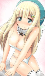 Rule 34 | 10s, 1girl, bare arms, bare shoulders, bikini, blonde hair, blue eyes, blue hat, blush, breasts, cleavage, closed mouth, detached collar, hair ornament, hat, highres, kayama kenji, large breasts, looking at viewer, over-kneehighs, ribbon-trimmed legwear, ribbon trim, senran kagura, sitting, smile, solo, straight hair, swimsuit, thighhighs, thighs, white bikini, white thighhighs, yomi (senran kagura)
