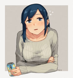 Rule 34 | 1girl, alternate costume, blue eyes, blue hair, blush, breasts, can, elbow rest, grey sweater, hair ornament, hairclip, holding, holding can, kantai collection, long hair, makio (makiomeigenbot), open mouth, ribbed sweater, signature, simple background, solo, souryuu (kancolle), sweater, two-tone background, upper body
