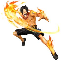 Rule 34 | 1boy, 3d, abs, fire, full body, jewelry, male focus, necklace, official art, one piece, one piece: pirate warriors, portgas d. ace, shorts, simple background, solo, tattoo, thigh strap, topless male