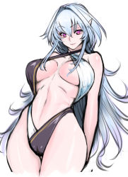 Rule 34 | 1girl, bare shoulders, breasts, fate/prototype, fate (series), jony (avion mura), long hair, looking at viewer, merlin (fate/prototype), navel, purple eyes, silver hair, simple background, smile, solo, swimsuit, white background