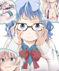 Rule 34 | 2girls, blue eyes, blue hair, bow, bowtie, cardigan, cover, cover page, glasses, hands on own cheeks, hands on own face, imagining, maitake (kinokonabe hinanjo), multiple girls, original, school uniform, short hair, tears, thought bubble, wavy hair, wavy mouth, yuri