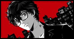 Rule 34 | 1boy, amamiya ren, border, building, chris re5, city, dutch angle, glasses, greyscale, jacket, male focus, monochrome, persona, persona 5, portrait, red background, signature, solo, spot color, turtleneck, twitter username