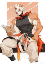 Rule 34 | 1boy, absurdres, alternate pectoral size, animal ears, arknights, baggy pants, bara, bare arms, belt, book, brown fur, bulge, clothes lift, cropped legs, dog boy, dog ears, fluffy, furry, furry male, hair over one eye, highres, holding, holding book, horns, hung (arknights), large pectorals, looking at viewer, male focus, medium hair, mjj mianbao, multicolored hair, muscular, muscular male, open belt, orange eyes, orange hair, pants, pectorals, pelvic curtain, pelvic curtain lift, seductive smile, shirt, sidepec, single horn, sitting, sleeveless, sleeveless shirt, smile, solo, spread legs, streaked hair, thick eyebrows, thick thighs, thighs, two-tone fur, white fur