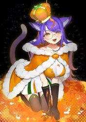 Rule 34 | 1girl, animal ear fluff, animal ears, black gloves, black thighhighs, blush, breasts, cape, cat ears, cat girl, cat tail, commentary, commission, crown, dress, elbow gloves, english commentary, fangs, food, fruit, glass, gloves, green eyes, highres, large breasts, long hair, looking at viewer, mayuri kaichou, open mouth, orange (fruit), original, purple hair, round eyewear, signature, sitting, skeb commission, solo, tail, thighhighs, tilted headwear