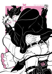 Rule 34 | 2boys, 666, aikawa (dorohedoro), ass, bara, black hair, blonde hair, blush, climaxmukr, colored tips, condom, couple, demon boy, demon horns, demon tail, dorohedoro, facial mark, greyscale with colored background, holding, holding condom, hood, hoodie, horns, licking lips, male focus, medium sideburns, monsterification, multicolored hair, multiple boys, muscular, muscular male, no eyebrows, pants, risu (dorohedoro), spot color, tail, thick eyebrows, tongue, tongue out, torn clothes, torn pants, yaoi