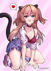 Rule 34 | 1girl, all fours, animal ears, artist name, black choker, blue nails, bra, breasts, brown hair, cat ears, cat tail, choker, earrings, fake animal ears, girls&#039; frontline, hair ornament, heart, heart earrings, highres, jewelry, leg warmers, long hair, looking at viewer, mk23 (girls&#039; frontline), mk23 (new term begins with a meow) (girls&#039; frontline), multicolored hair, multiple hairpins, official alternate costume, pink background, pink hair, plaid, plaid skirt, pleated skirt, purple skirt, red bra, red nails, shirt, shoes, skirt, sneakers, solo, speech bubble, streaked hair, tail, tongue, tongue out, underwear, wermer, white shirt, x hair ornament