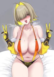 Rule 34 | 1girl, :d, ahoge, bare shoulders, blonde hair, blush, breasts, cleavage, commentary, double v, elegg (nikke), english commentary, fang, gloves, goddess of victory: nikke, hair over one eye, heavy breathing, highres, large breasts, multicolored hair, navel, off shoulder, open mouth, purple eyes, short hair, sitting, smile, solo, sweat, two-tone hair, v, xter