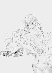 Rule 34 | 1girl, :/, animal ears, artist name, bird, blush, braid, closed mouth, duck, earrings, extra ears, feiqizi (fkey), fkey, from side, grey background, greyscale, jewelry, long hair, long sleeves, looking at viewer, looking to the side, monochrome, original, shoes, simple background, sitting, sneakers, solo, sweater