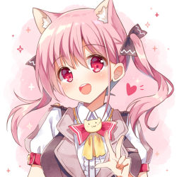 Rule 34 | 1girl, :d, animal ear fluff, animal ears, blush, bow, breasts, brown bow, brown vest, cat ears, center frills, collared shirt, frills, hair between eyes, hair bow, hand up, head tilt, heart, long hair, looking at viewer, mauve, open mouth, original, pink hair, puffy short sleeves, puffy sleeves, red bow, red eyes, round teeth, shirt, short sleeves, small breasts, smile, solo, teeth, twintails, upper body, upper teeth only, vest, white shirt