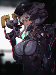 Rule 34 | 1girl, armor, bodysuit, breasts, chromatic aberration, closed mouth, dead space, gloves, green eyes, hair between eyes, helmet, holding, holding weapon, large breasts, light brown hair, nidy, plasma cutter, science fiction, solo, standing, weapon
