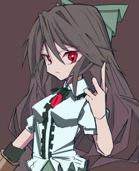 Rule 34 | 1girl, absurdres, arm cannon, brown background, brown hair, cannon, collared shirt, frilled shirt, frilled shirt collar, frills, green ribbon, green skirt, hair between eyes, hair ribbon, highres, index finger raised, long hair, looking at viewer, mizoreshi, pointing, puffy short sleeves, puffy sleeves, red eyes, reiuji utsuho, ribbon, shirt, short sleeves, simple background, skirt, third eye, third eye on chest, touhou, very long hair, weapon, white shirt