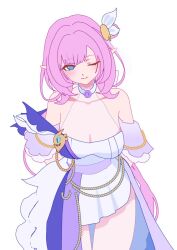 Rule 34 | 1girl, arin (1010 ssu), arms behind back, bare shoulders, blue eyes, breasts, cleavage, collarbone, dress, elf, elysia (honkai impact), elysia (miss pink elf) (honkai impact), hair ornament, honkai (series), honkai impact 3rd, large breasts, long hair, official alternate costume, one eye closed, pink hair, pointy ears, see-through clothes, see-through cleavage, simple background, solo, thighs, white background, white dress