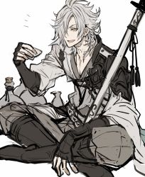 Rule 34 | 1boy, ahoge, black footwear, black gloves, boots, braid, collarbone, cup, fingerless gloves, gloves, gourd, hair over one eye, highres, holding, holding cup, crossed legs, male focus, open mouth, original, scabbard, senano-yu, sheath, simple background, sitting, sketch, smile, solo, sword, weapon, white background, white hair, yellow eyes