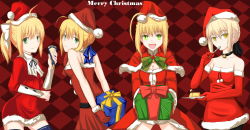 Rule 34 | 10s, 4girls, :d, absurdres, ahoge, akatsuki (mp31097), alternate costume, artoria pendragon (all), artoria pendragon (fate), avalon (fate/stay night), bell, blonde hair, bow, breasts, capcom, choker, christmas, cleavage, detached sleeves, eating, fate/extra, fate/stay night, fate/unlimited codes, fate (series), food, gift, gloves, green eyes, hair bow, hair ribbon, hat, highres, holly, looking back, medium breasts, merry christmas, mistletoe, mp31097, multiple girls, multiple persona, nero claudius (fate), nero claudius (fate) (all), nero claudius (fate/extra), open mouth, pudding, ribbon, saber (fate), saber alter, saber lily, santa costume, santa hat, smile, thighhighs, yellow eyes