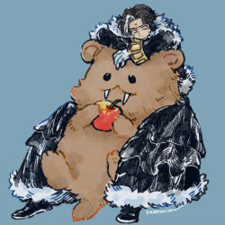 Rule 34 | 1boy, animal, beaver, black coat, blue background, brown hair, coat, dated, emet-selch, final fantasy, final fantasy xiv, gloves, holding, itowo (itowc), jitome, long sleeves, multicolored hair, oversized animal, simple background, streaked hair, white gloves