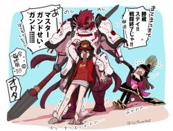 Rule 34 | &gt; &lt;, 1boy, 2girls, anger vein, armor, asaya minoru, aunt and niece, bad id, bad twitter id, barefoot, black dress, black footwear, black hair, black headwear, black legwear, blood, blood on clothes, blood on face, boots, brown hair, buster shirt, chacha (fate), closed eyes, dress, family crest, fate/grand order, fate (series), flying sweatdrops, hat, holding, holding polearm, holding spear, holding weapon, jacket, koha-ace, long hair, long sleeves, mori nagayoshi (fate), multiple girls, oda nobunaga (fate), oda nobunaga (koha-ace), oda nobunaga (swimsuit berserker) (fate), oda nobunaga (swimsuit berserker) (first ascension) (fate), oda uri, open clothes, open jacket, open mouth, pantyhose, peaked cap, polearm, red hair, red jacket, red shirt, sand, sharp teeth, shirt, shoe soles, short dress, skirt, spear, striped clothes, striped skirt, sweat, teeth, translation request, trembling, twitter username, very long hair, weapon