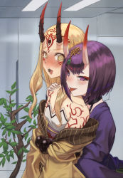 Rule 34 | 2girls, :p, @ @, bare shoulders, blonde hair, blush, bob cut, collarbone, facial mark, fate/grand order, fate (series), hand on another&#039;s shoulder, highres, horns, ibaraki douji (fate), japanese clothes, kimono, long hair, looking at another, multiple girls, ne.corn, oni, open mouth, purple eyes, purple hair, purple kimono, short hair, shuten douji (fate), skin-covered horns, smile, tattoo, tears, tongue, tongue out, wavy mouth, yellow eyes, yellow kimono, yuri