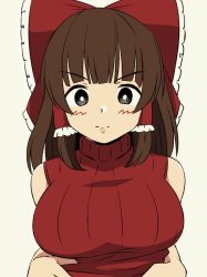 Rule 34 | 1girl, alternate breast size, animated, animated gif, blush, bouncing breasts, bow, breasts, brown hair, clothes lift, embarrassed, frilled hair tubes, frills, hair bow, hair tubes, hakurei reimu, large breasts, lifting own clothes, momendoufu, nipples, no bra, red sweater, ribbed sweater, solo, sweater, sweater lift, touhou, turtleneck, turtleneck sweater