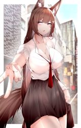 Rule 34 | 1girl, absurdres, amagi (azur lane), animal, animal ears, azur lane, bag, black skirt, blush, border, breasts, brown eyes, brown hair, building, city, cleavage, collarbone, covered erect nipples, day, foreshortening, fox ears, fox tail, highres, large breasts, looking away, open mouth, outdoors, samip, school bag, school uniform, shirt, short sleeves, skirt, solo, standing, tail, white shirt