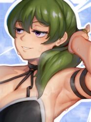 Rule 34 | 1girl, adjusting hair, armpit focus, armpits, black choker, blonde hair, blue eyes, breasts, choker, collarbone, green hair, hand up, highres, large breasts, outline, ponytail, smell, smile, solo, sorapoi, sousou no frieren, steaming body, sweat, teeth, ubel (sousou no frieren), white outline