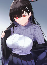 Rule 34 | 1girl, arito arayuru, black hair, blue archive, colored eyelashes, hair ornament, hairclip, halo, highres, long hair, looking at viewer, off shoulder, paid reward available, pleated skirt, red eyes, ribbed sweater, rio (blue archive), skirt, solo, sweater, variant set