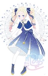 1girl beatrice_(re:zero) blonde_hair blue_bow blue_dress blue_eyes blue_footwear bow butterfly-shaped_pupils capelet dress drill_hair forehead full_body fur_trim highres long_hair long_sleeves pantyhose parted_bangs pink_pupils re:zero_kara_hajimeru_isekai_seikatsu sidelocks solo star_(symbol) symbol-shaped_pupils twin_drills watano_yuki white_pantyhose