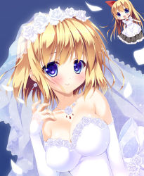 Rule 34 | 1girl, alice margatroid, bad id, bad pixiv id, bare shoulders, blonde hair, blue background, blue eyes, blush, breasts, cleavage, collarbone, dress, earrings, female focus, flower, futaba miwa, jewelry, large breasts, looking at viewer, necklace, petals, rose, shanghai doll, short hair, smile, solo, strapless, strapless dress, touhou, veil, wedding dress, white dress, white flower, white rose