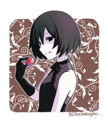 Rule 34 | 1girl, bare shoulders, black dress, black eyes, black gloves, black hair, bob cut, brown background, commentary, dress, eating, flat chest, food, food on face, fruit, gloves, holding, holding food, licking lips, light smile, looking at viewer, looking to the side, monogatari (series), oshino ougi, plant, short hair, solo, strawberry, tanzaku kishi, tongue, tongue out, twitter username, upper body, vines