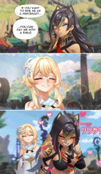 Rule 34 | 2girls, 3koma, absurdres, armor, blonde hair, blue eyes, blue skirt, blurry, blurry background, blush, breasts, clenched teeth, closed eyes, colored tips, comic, criss-cross halter, crossed bangs, dangle earrings, dark-skinned female, dark skin, dehya (genshin impact), detached sleeves, dress, earrings, english text, fingerless gloves, flower, gameplay mechanics, genshin impact, gloves, gold choker, grin, hair between eyes, hair ears, hair flower, hair ornament, halterneck, hand on own chest, highres, jewelry, large breasts, luizhtx, lumine (genshin impact), multicolored hair, multiple girls, outdoors, short hair, short hair with long locks, sidelocks, skirt, sleeveless, sleeveless dress, smile, streaked hair, teeth, white dress, white flower, white gloves, white sleeves, yellow eyes