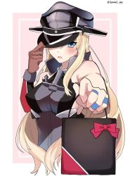 Rule 34 | 1girl, bag, bare shoulders, bismarck (kancolle), blonde hair, blue eyes, blush, breasts, elbow gloves, gift, gift bag, gloves, hat, highres, jewelry, kantai collection, kozu (bloomme1 me), long hair, medium breasts, military, military hat, military uniform, multiple rings, one-hour drawing challenge, open mouth, peaked cap, ring, simple background, solo, twitter username, uniform, upper body