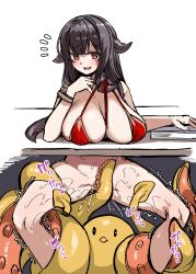 Rule 34 | 1girl, absurdres, azur lane, bikini, black hair, blush, book, bottomless, breasts, cleavage, consensual tentacles, fang, harigane shinshi, highres, kankaku shadan, large breasts, octopus, open mouth, red bikini, red eyes, royal fortune (azur lane), royal fortune (eyes on the prize) (azur lane), saliva, spread legs, swimsuit, tentacle hair, tentacle pit, tentacle sex, tentacles, through ground