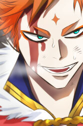 Rule 34 | 1boy, black clover, black clover: sword of the wizard king, blood, blood on face, blue eyes, breath, close-up, eyeliner, facial mark, forehead mark, highres, leopold vermillion, looking to the side, makeup, male focus, orange hair, royal robe, short hair, smile, solo, sweat, udonmoudon