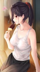 Rule 34 | 1girl, arm support, bad id, bad pixiv id, bare arms, bare shoulders, black hair, black pants, blurry, blurry background, blush, breasts, character request, cleavage, collarbone, commentary request, depth of field, eighth note, food, hair ornament, hair scrunchie, highres, holding, holding food, ice cream, licking, looking away, medium breasts, musical note, original, pants, ponytail, ramchi, red eyes, red scrunchie, scrunchie, signature, sitting, solo, spoken musical note, sweat, tank top, tongue, tongue out, white tank top, yandere-chan (ramchi)