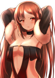 Rule 34 | 1girl, absurdres, asymmetrical bangs, black choker, black dress, blush, breasts, brown hair, choker, cleavage, collarbone, commentary request, dress, fate/grand order, fate (series), fur trim, head tilt, highres, long hair, medium breasts, navel, parted lips, red eyes, revealing clothes, shibakame, simple background, solo, strapless, strapless dress, very long hair, white background, yu mei-ren (fate)