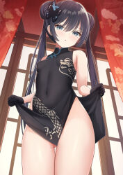 Rule 34 | 1girl, black dress, black gloves, black hair, blue archive, blue eyes, blush, breasts, butterfly hair ornament, china dress, chinese clothes, covered navel, cowboy shot, double bun, dress, gloves, gluteal fold, hair bun, hair ornament, highres, indoors, kisaki (blue archive), long hair, looking at viewer, nc731, parted lips, skirt hold, sleeveless, sleeveless dress, small breasts, solo, thigh gap, thighs, window